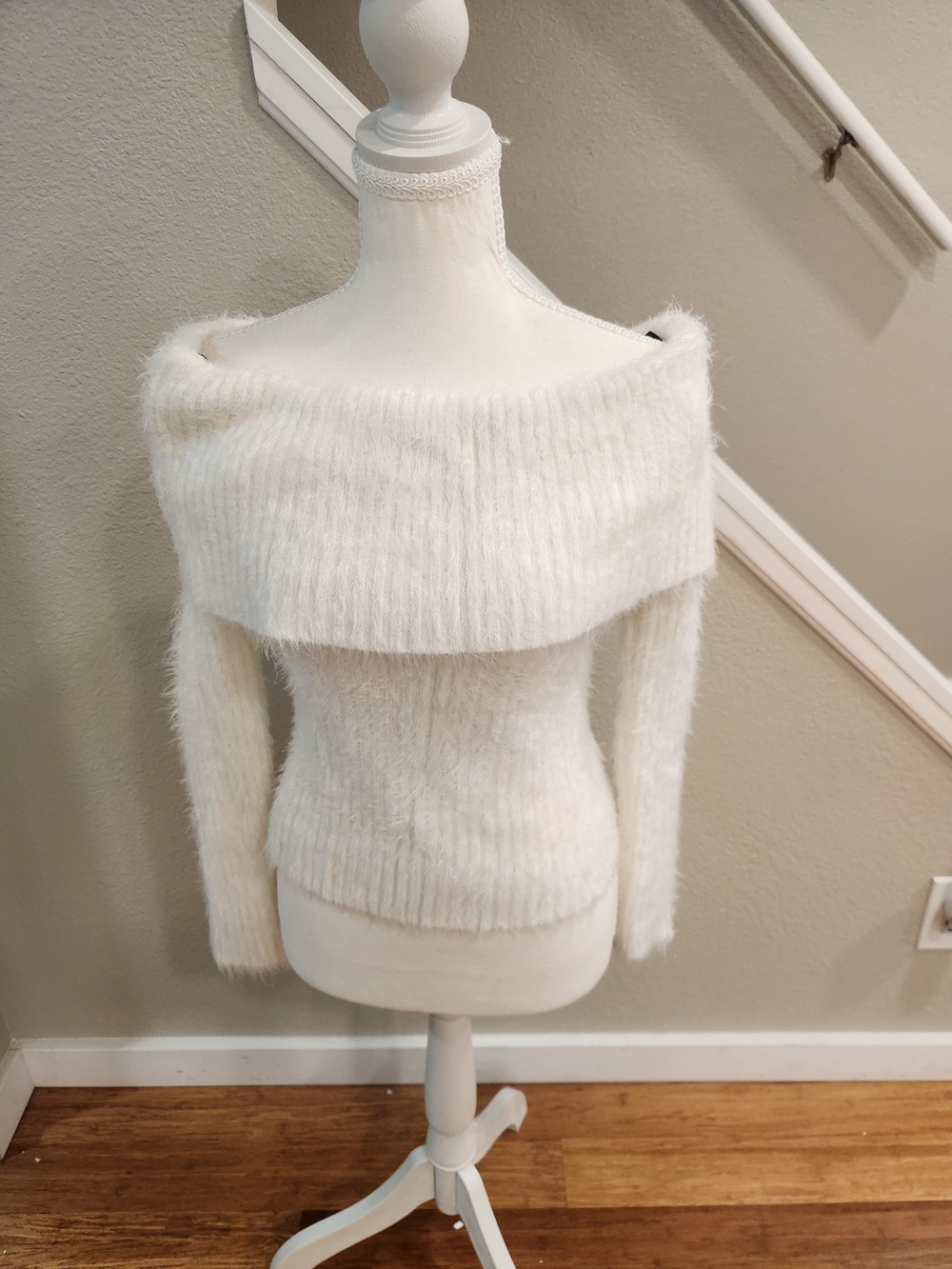 Forever 21 Cream Off-the-Shoulder Fuzzy Knit Sweater